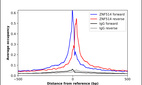 ChIP-Exo-Seq composite graph for Anti-ZNF514 (HPA028974, Lot R30880) tested in K562 cells. Strand-specific reads (blue: forward, red: reverse) and IgG controls (black: forward, grey: reverse) are plotted against the distance from a composite set of reference binding sites. The antibody exhibits robust target enrichment compared to a non-specific IgG control and precisely reveals its structural organization around the binding site. Data generated by Prof. B. F. Pugh´s Lab at Cornell University.