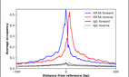 ChIP-Exo-Seq composite graph for Anti-HIF3A (HPA041141, Lot A118930) tested in K562 cells. Strand-specific reads (blue: forward, red: reverse) and IgG controls (black: forward, grey: reverse) are plotted against the distance from a composite set of reference binding sites. The antibody exhibits robust target enrichment compared to a non-specific IgG control and precisely reveals its structural organization around the binding site. Data generated by Prof. B. F. Pugh´s Lab at Cornell University.